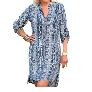Walker & Wade Womens XL Indigo Aztec Day‎ Tripper Shirt Dress Roll Tab Sleeve